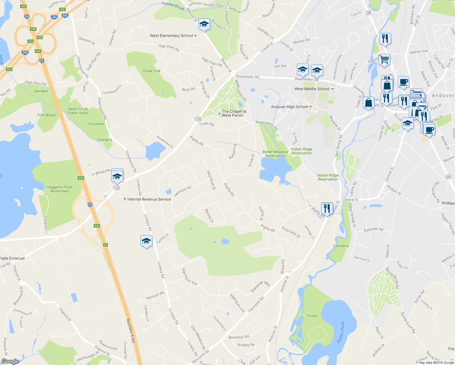 map of restaurants, bars, coffee shops, grocery stores, and more near 46 Oriole Drive in Andover