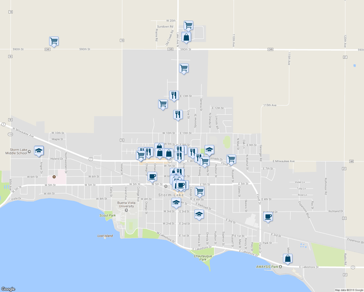 map of restaurants, bars, coffee shops, grocery stores, and more near 104 East 9th Street in Storm Lake