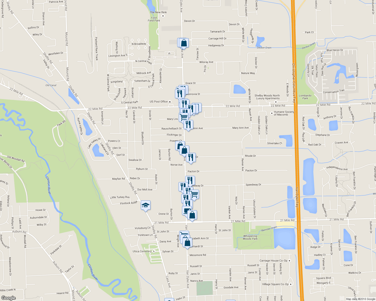 map of restaurants, bars, coffee shops, grocery stores, and more near 48188 Van Dyke Avenue in Shelby charter Township