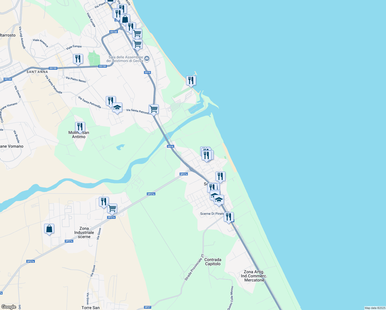 map of restaurants, bars, coffee shops, grocery stores, and more near 77 Via Vomano Vecchio in Scerne