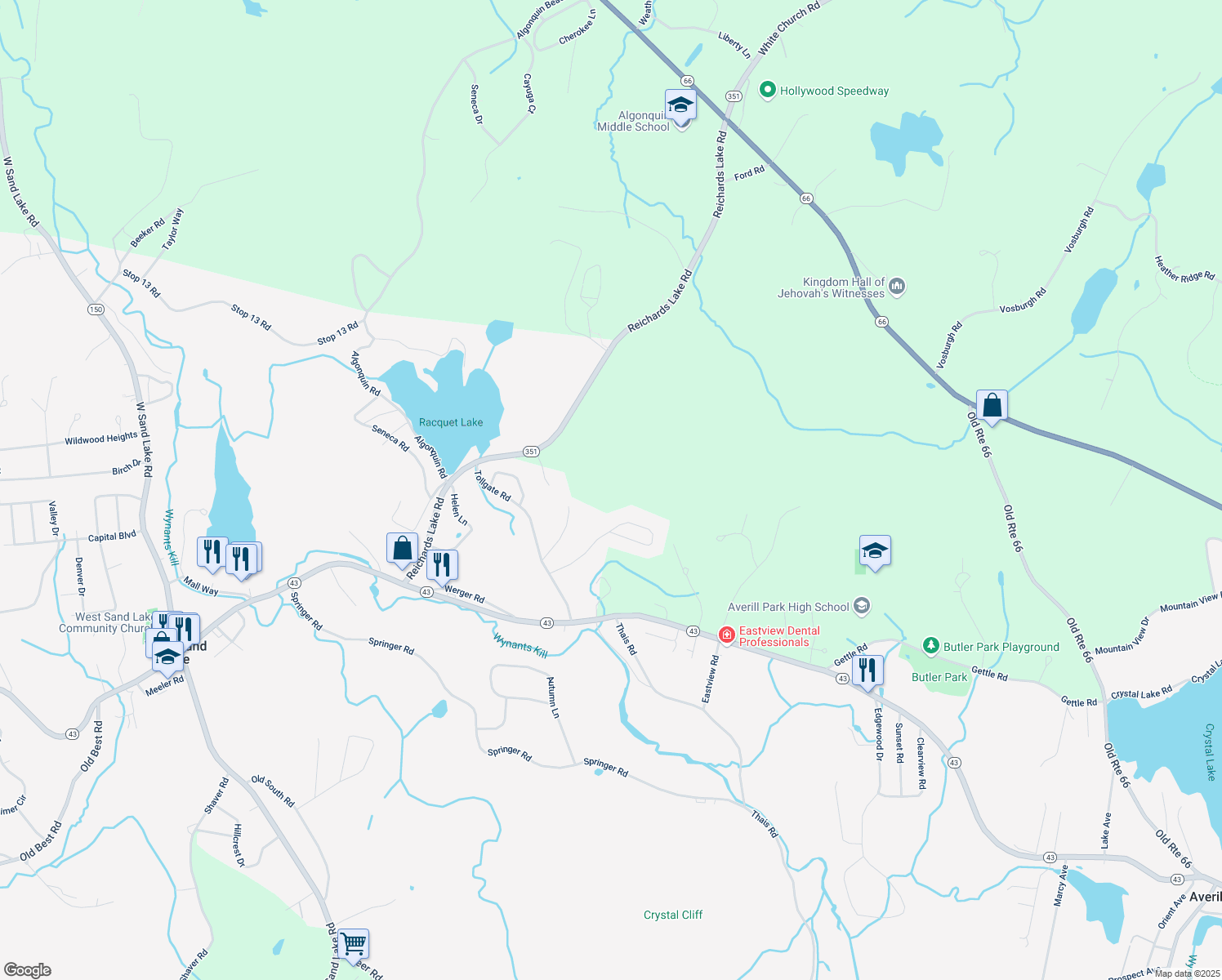 map of restaurants, bars, coffee shops, grocery stores, and more near 7 Dahl Way in Averill Park