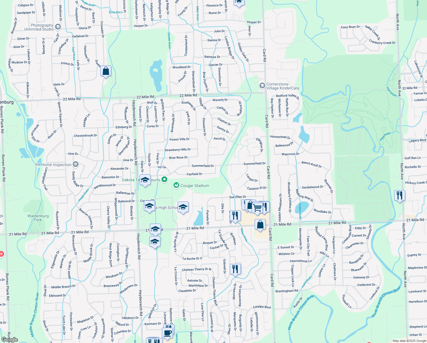 map of restaurants, bars, coffee shops, grocery stores, and more near 21373 Fairfield Drive in Macomb