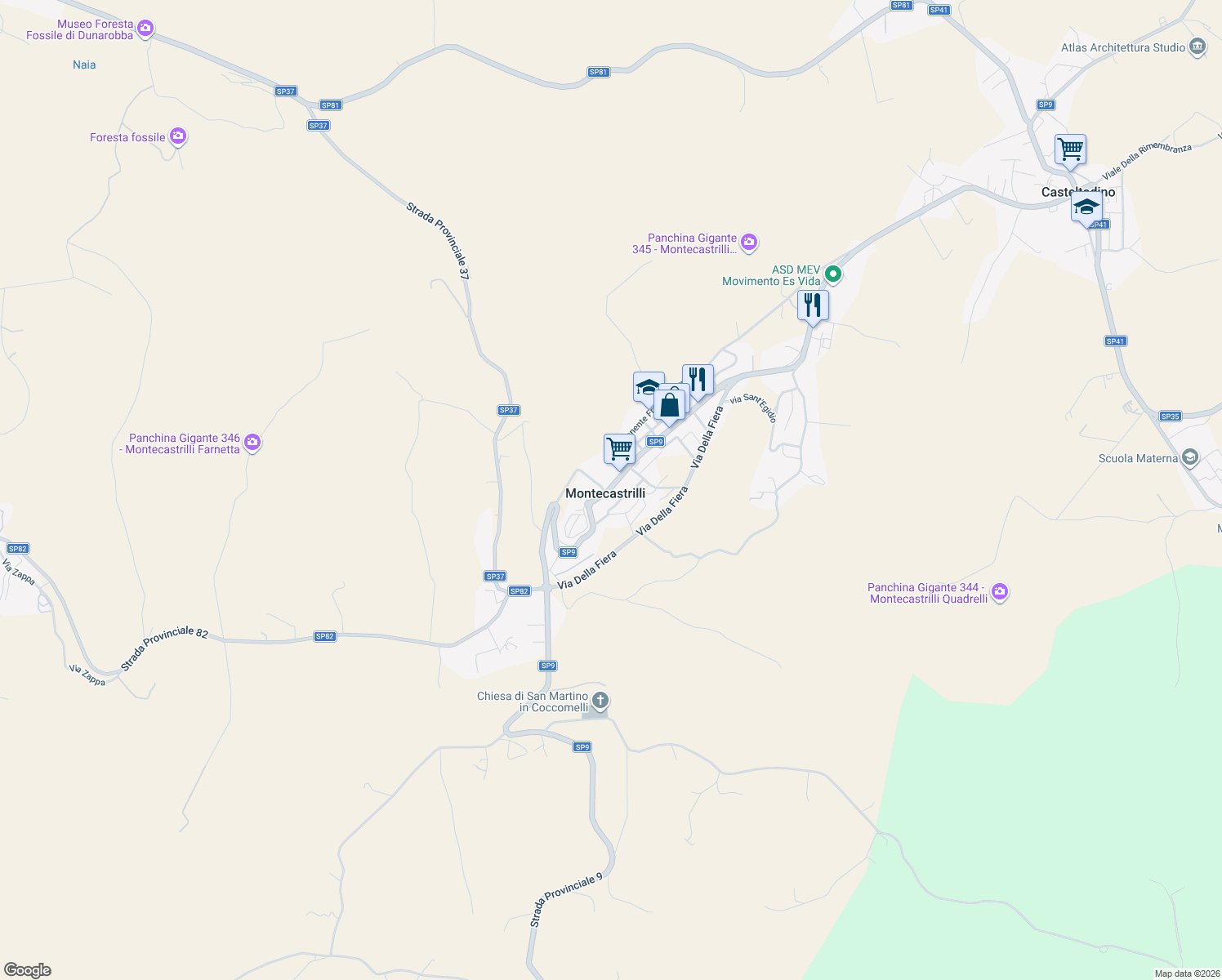 map of restaurants, bars, coffee shops, grocery stores, and more near 23 Viale Giuseppe Verdi in Montecastrilli