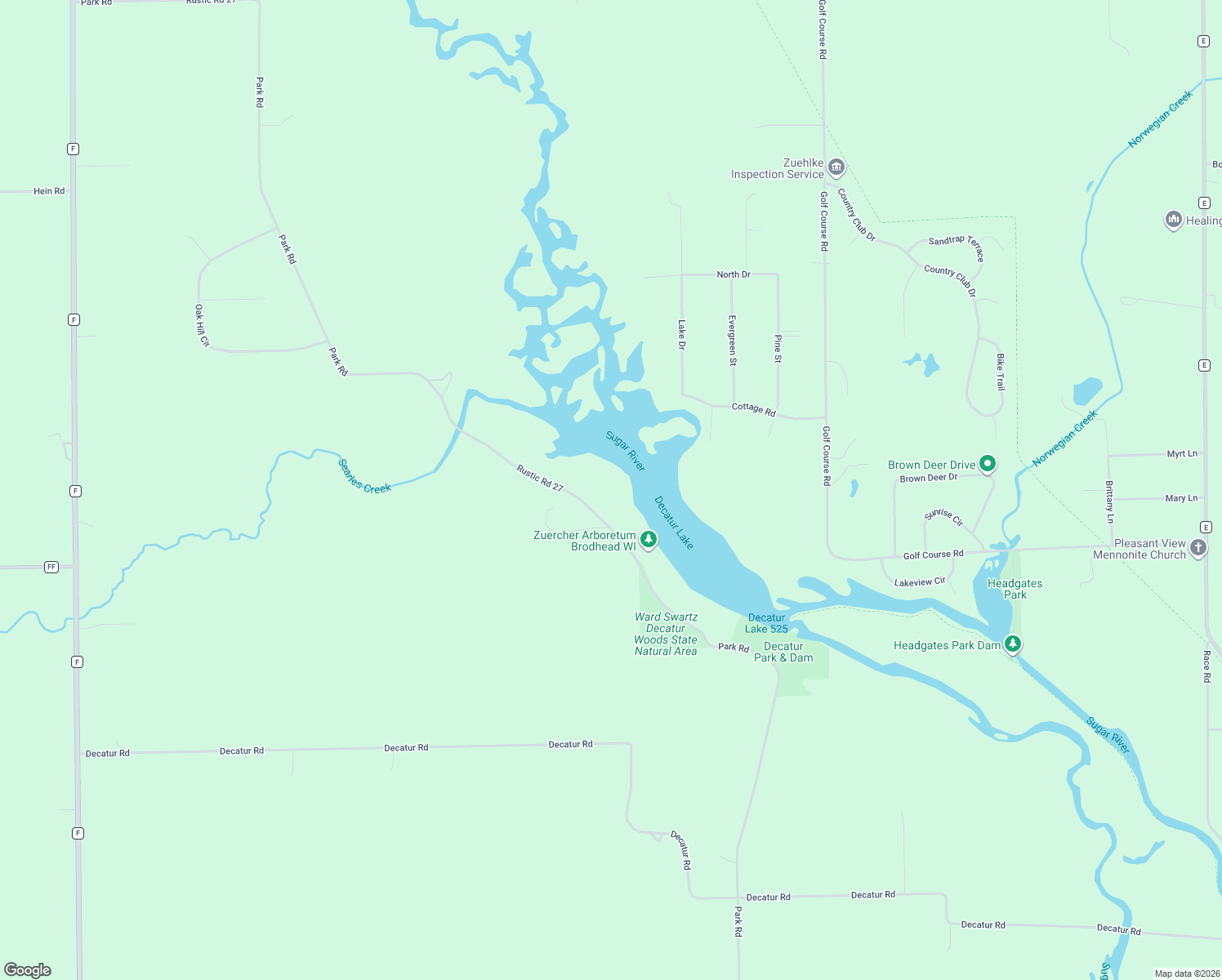 map of restaurants, bars, coffee shops, grocery stores, and more near N3936 Park Road in Brodhead