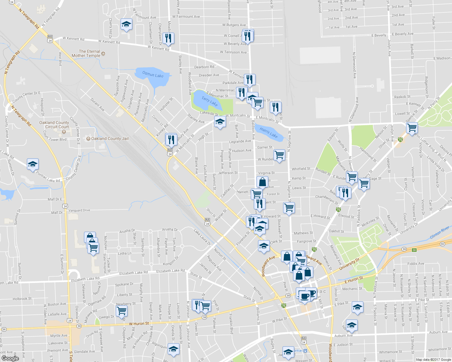 map of restaurants, bars, coffee shops, grocery stores, and more near 50 Pingree Avenue in Pontiac