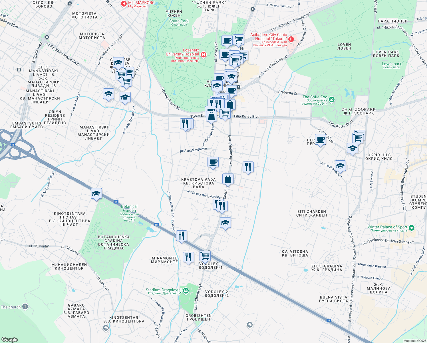map of restaurants, bars, coffee shops, grocery stores, and more near 9 ulitsa "Sofia" in Sofia