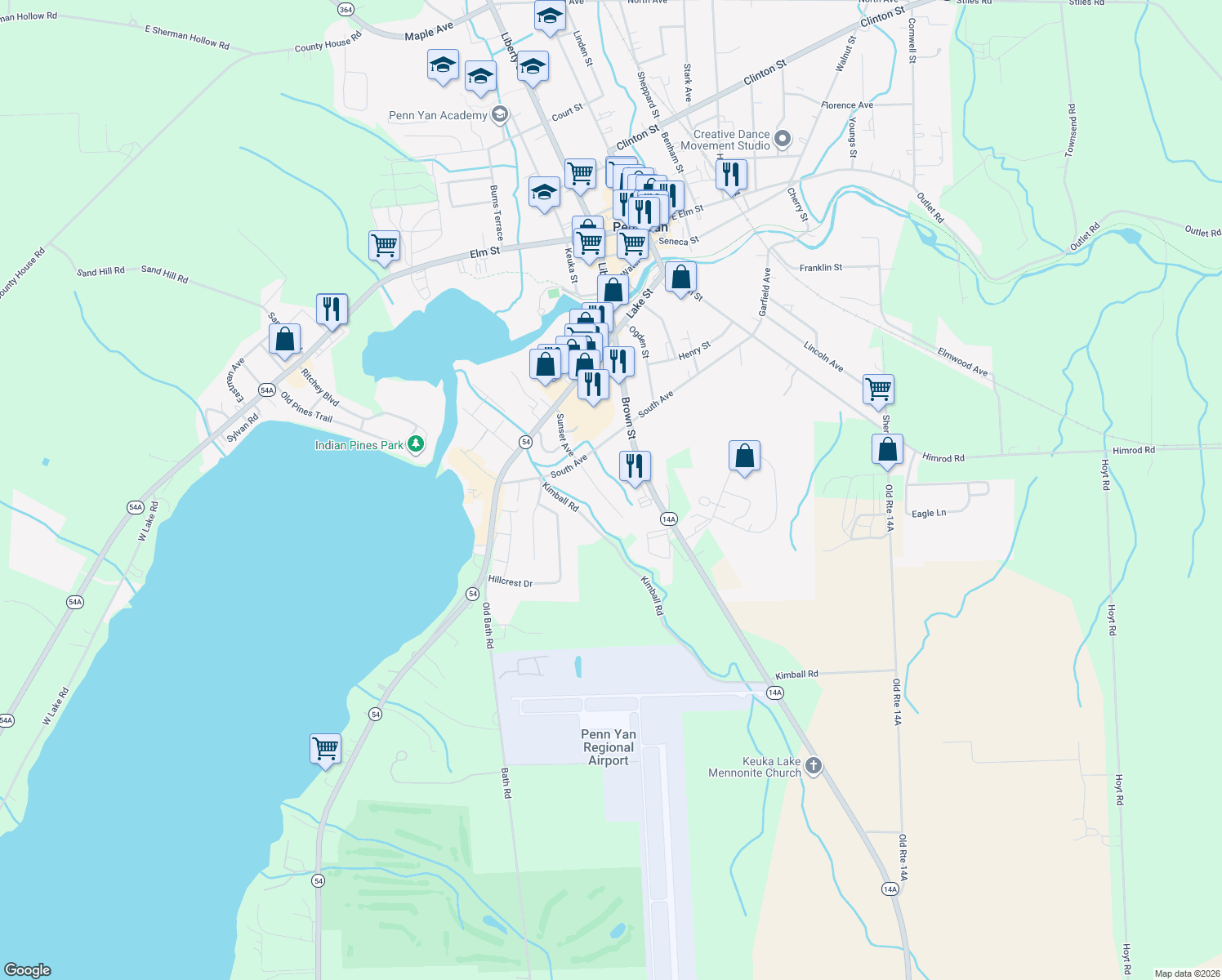 map of restaurants, bars, coffee shops, grocery stores, and more near 112 Sunset Ave in Penn Yan