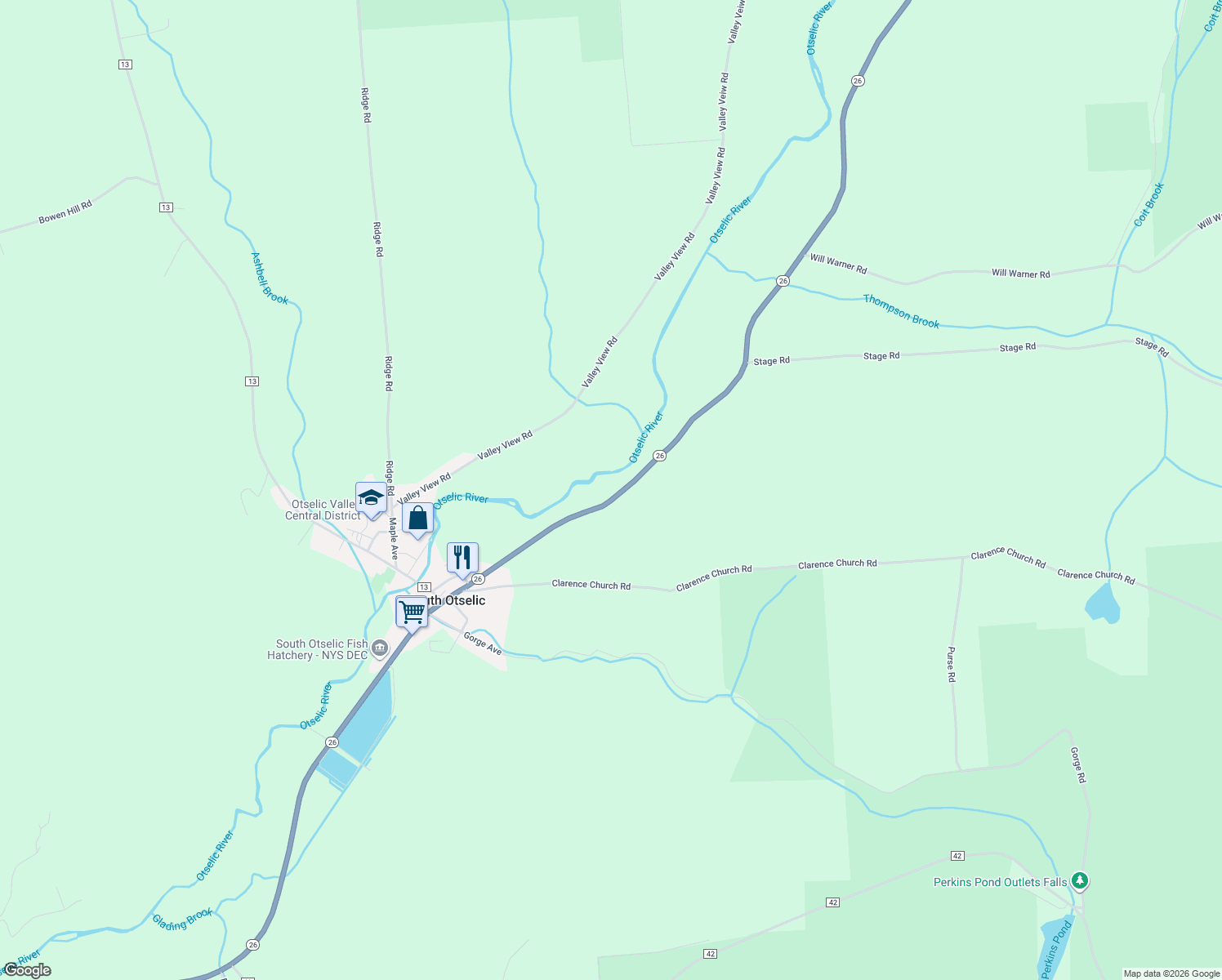 map of restaurants, bars, coffee shops, grocery stores, and more near 1707 Highway 26 in South Otselic