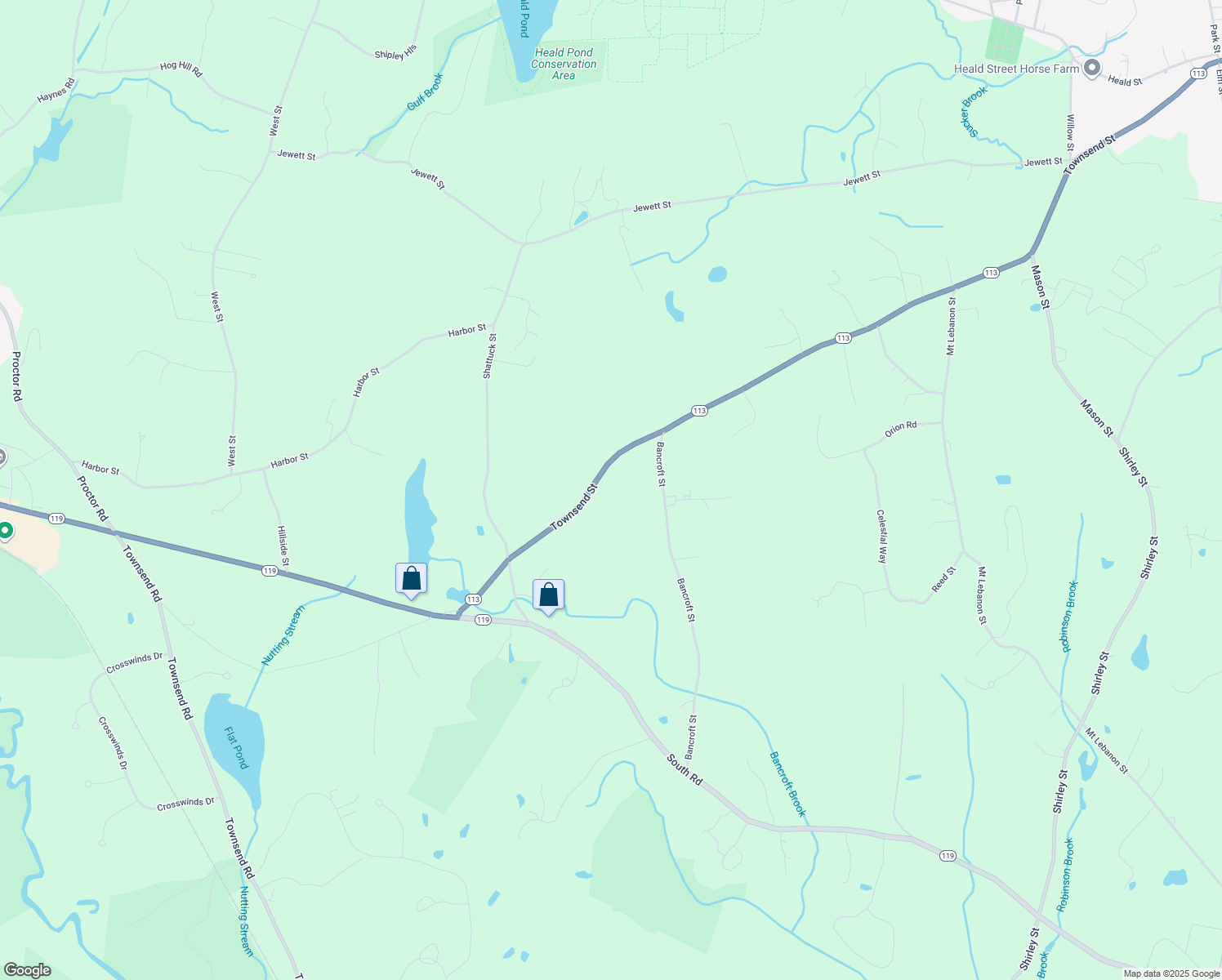 map of restaurants, bars, coffee shops, grocery stores, and more near 152 Townsend Street in Pepperell