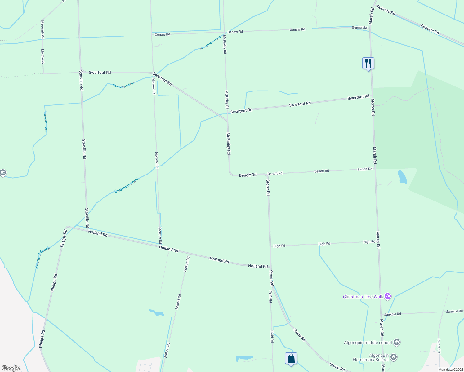 map of restaurants, bars, coffee shops, grocery stores, and more near 6493 Benoit Road in Clay Township