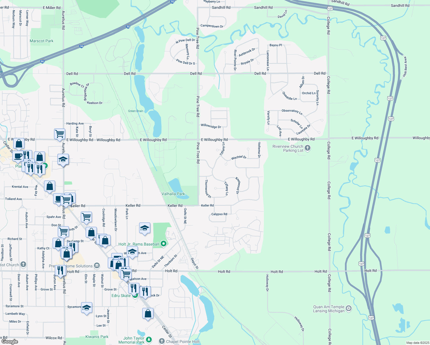 map of restaurants, bars, coffee shops, grocery stores, and more near 2370 Tiffany Ln in Delhi Charter Township
