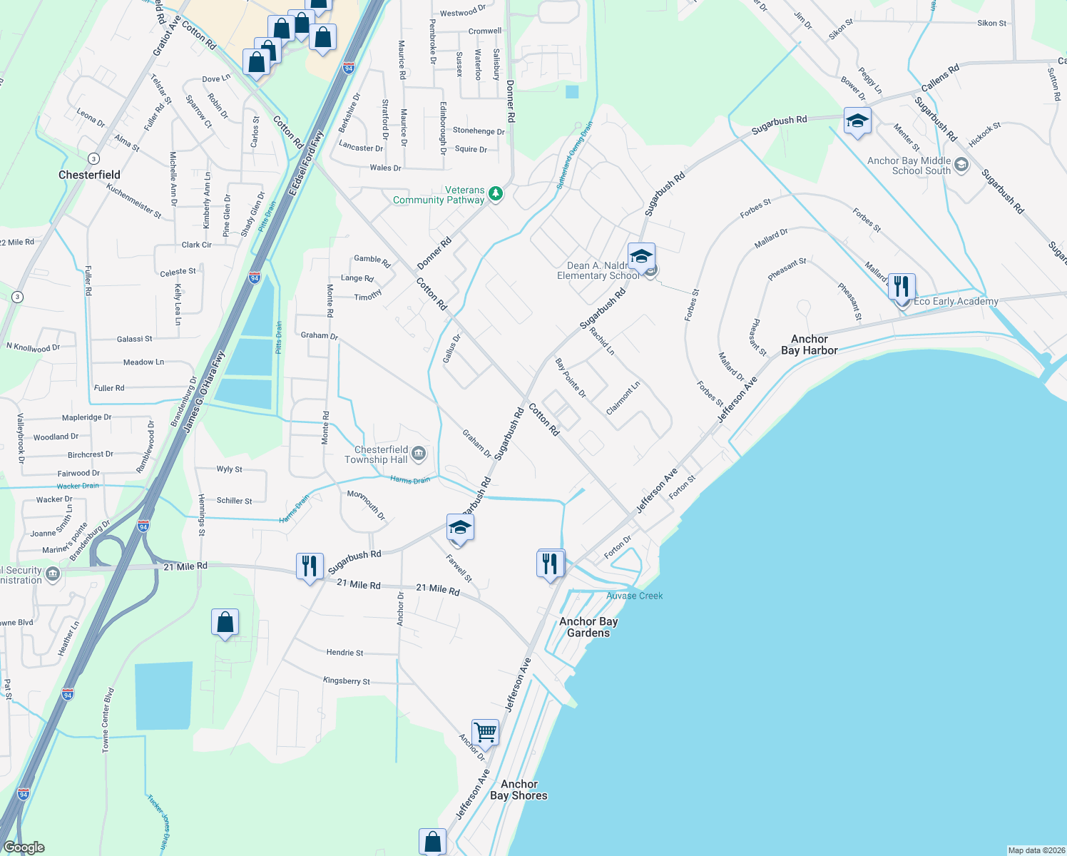 map of restaurants, bars, coffee shops, grocery stores, and more near 29110 Cotton Road in New Baltimore