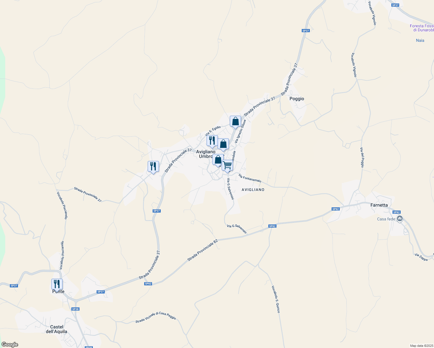 map of restaurants, bars, coffee shops, grocery stores, and more near 25 Via Madonna delle Grazie in Avigliano Umbro