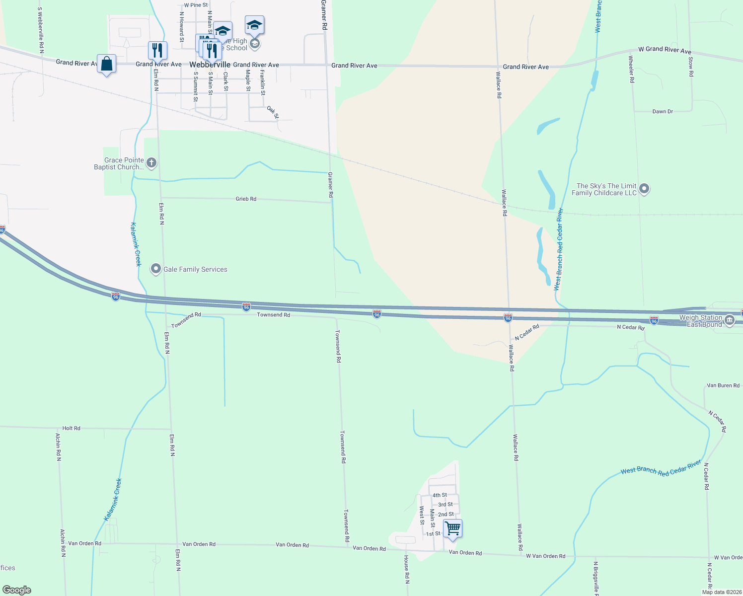 map of restaurants, bars, coffee shops, grocery stores, and more near 2320 Gramer Rd in Webberville