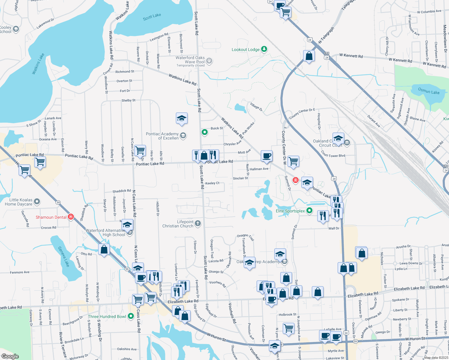 map of restaurants, bars, coffee shops, grocery stores, and more near 2800 Keeley Court in Waterford Township