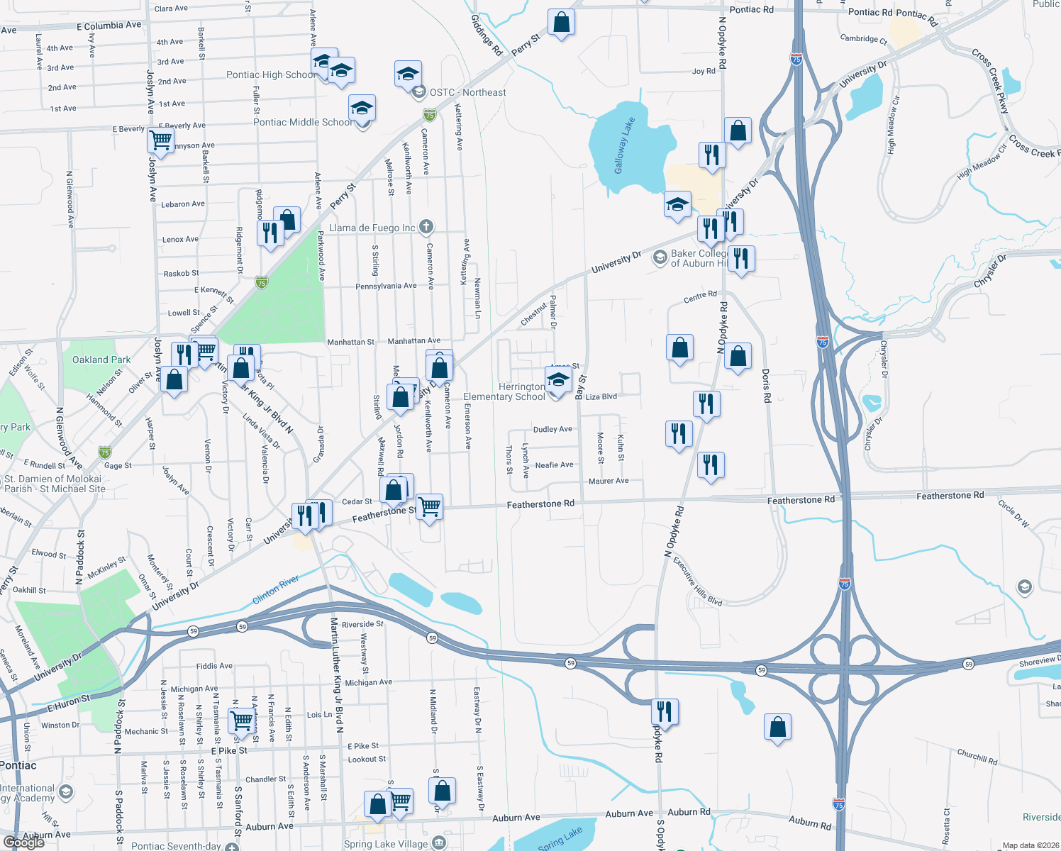 map of restaurants, bars, coffee shops, grocery stores, and more near 1133 Dudley Avenue in Pontiac