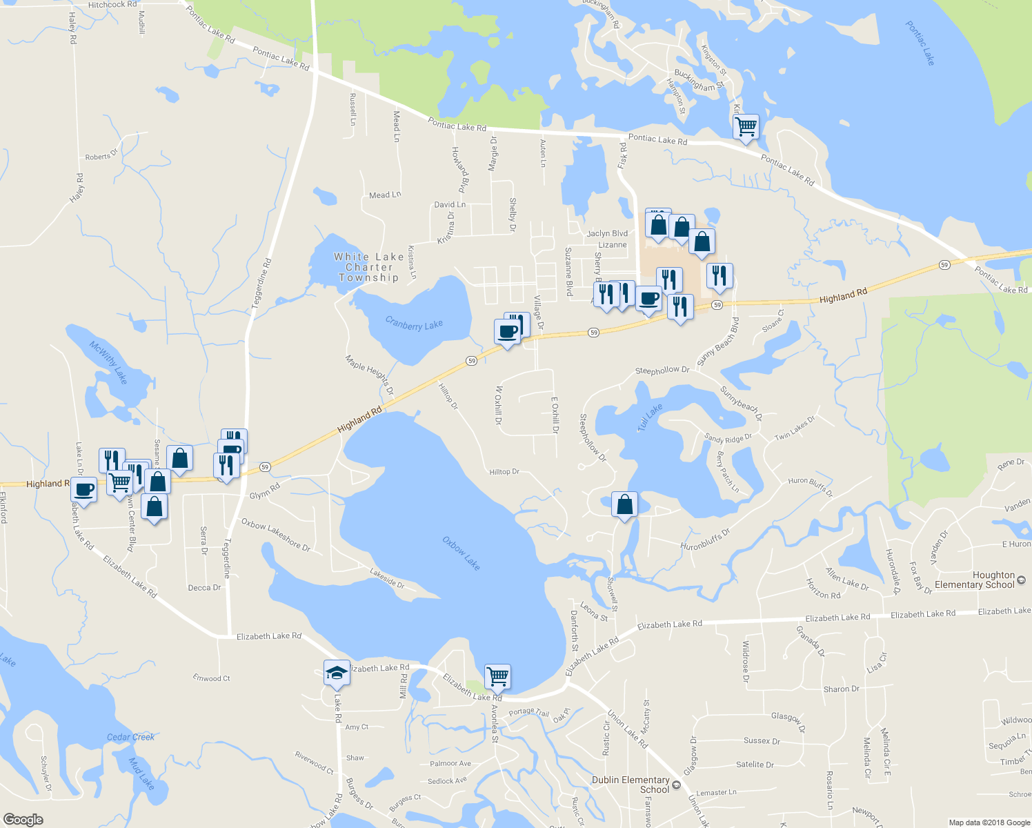 map of restaurants, bars, coffee shops, grocery stores, and more near 669 Robar Circle in White Lake charter Township