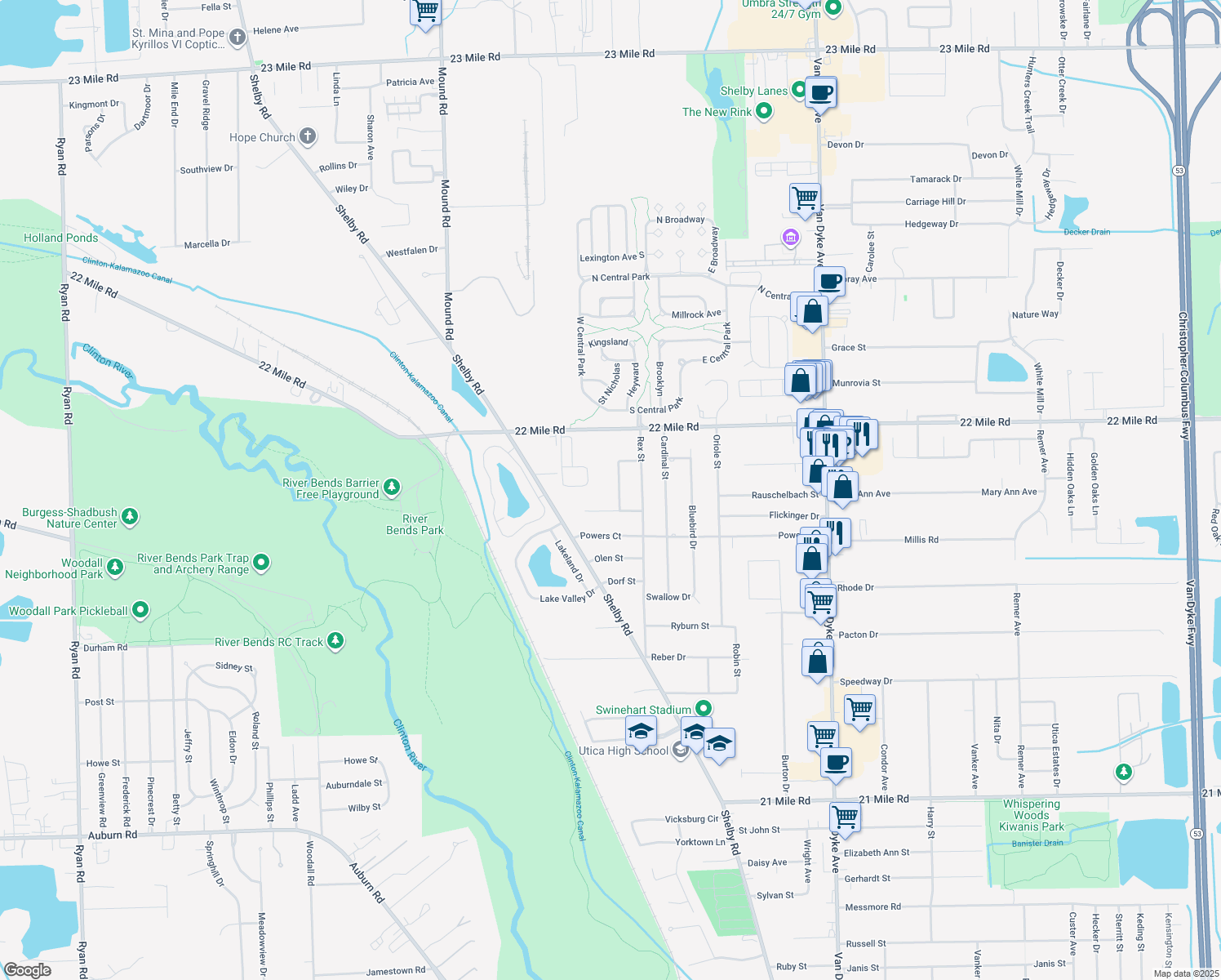 map of restaurants, bars, coffee shops, grocery stores, and more near 48625 Stanford Drive in Shelby Township