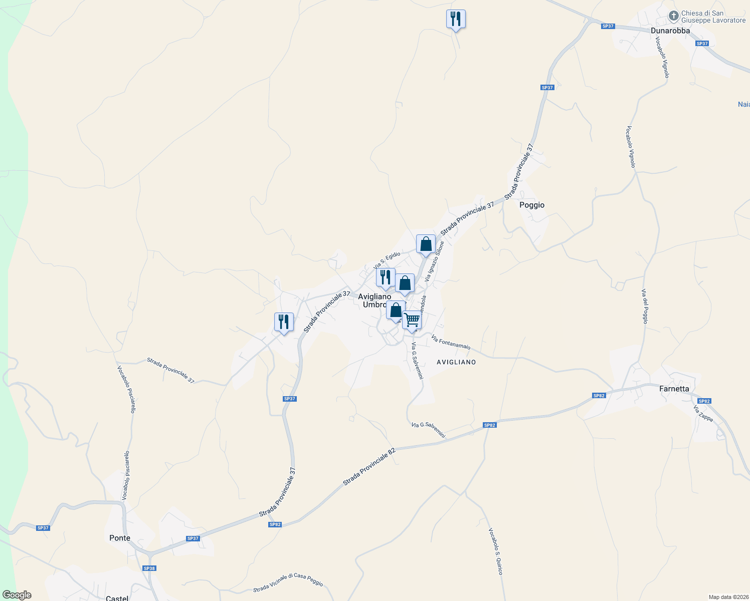 map of restaurants, bars, coffee shops, grocery stores, and more near in Avigliano Umbro