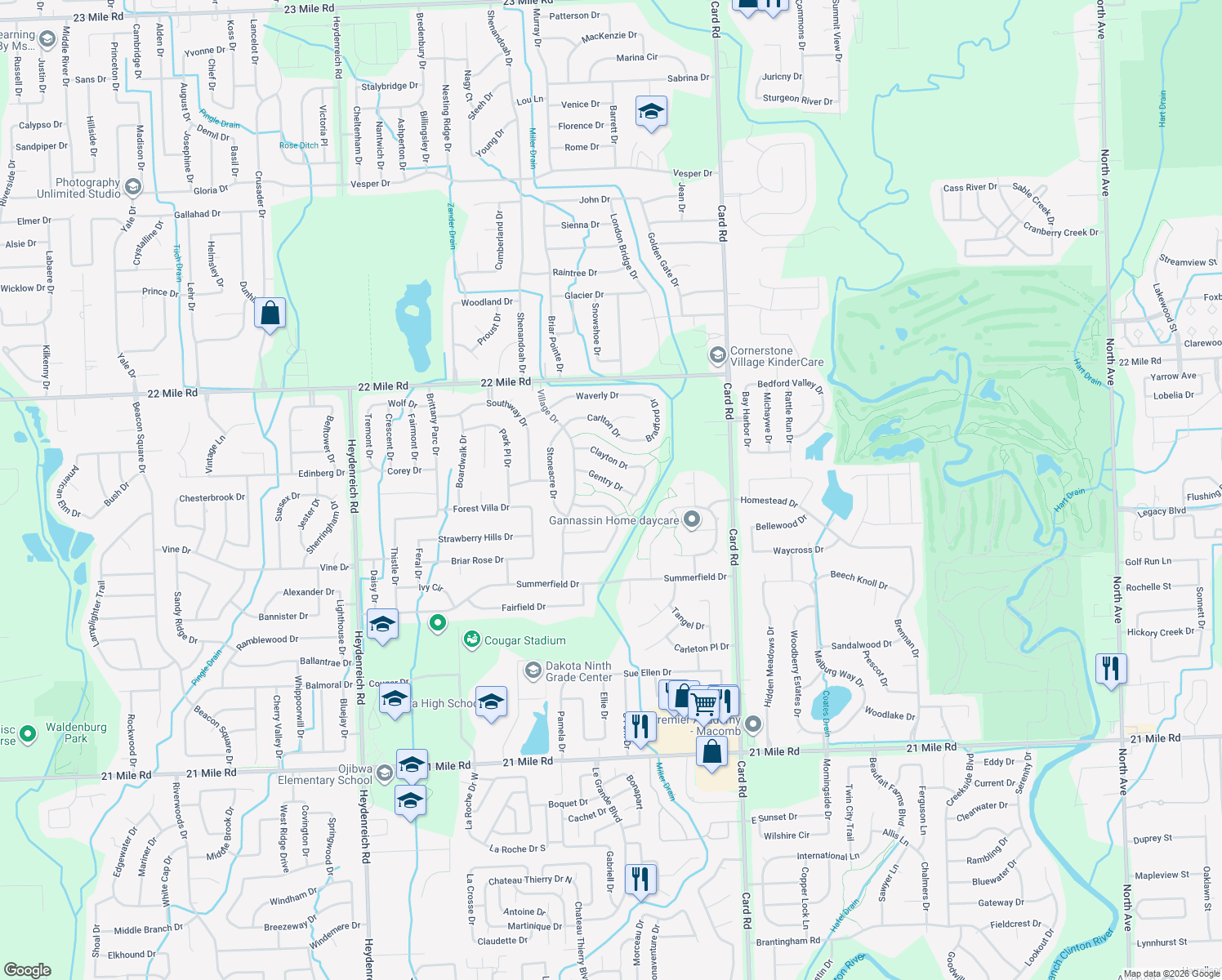 map of restaurants, bars, coffee shops, grocery stores, and more near 21378 Gentry Dr in Macomb