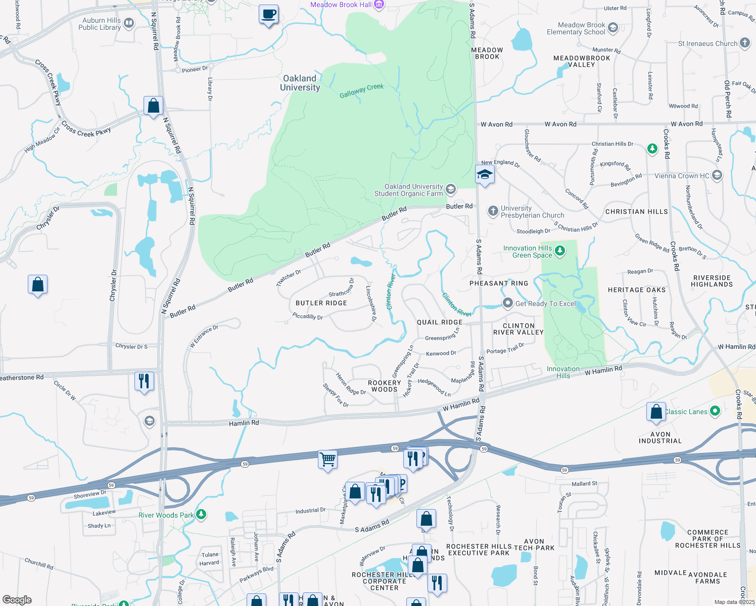 map of restaurants, bars, coffee shops, grocery stores, and more near 1771 Lincolnshire Drive in Rochester Hills