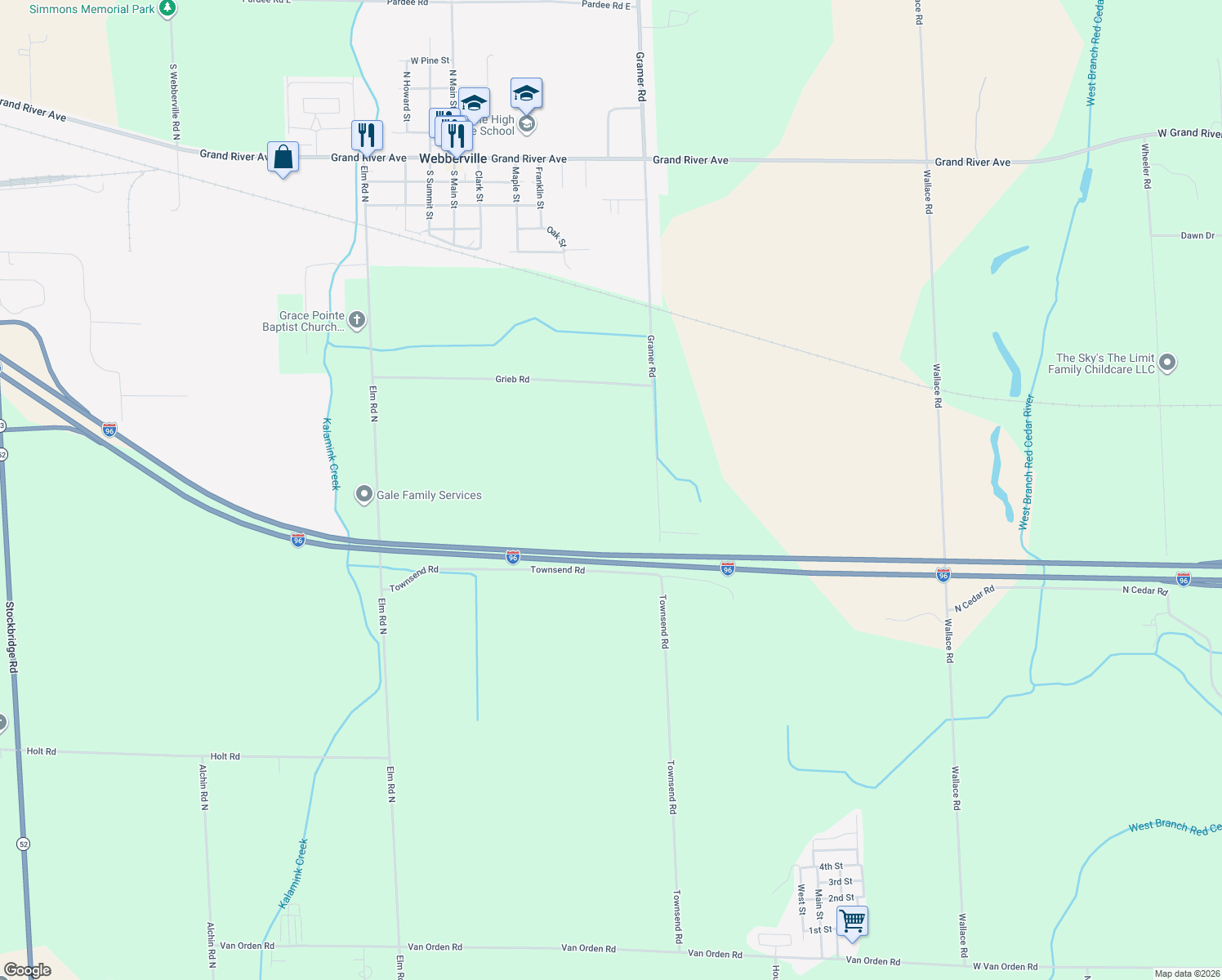 map of restaurants, bars, coffee shops, grocery stores, and more near 2353 Gramer Rd in Webberville