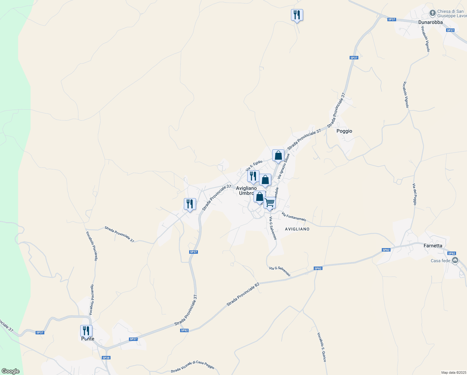 map of restaurants, bars, coffee shops, grocery stores, and more near 59 Via Giacomo Matteotti in Avigliano Umbro