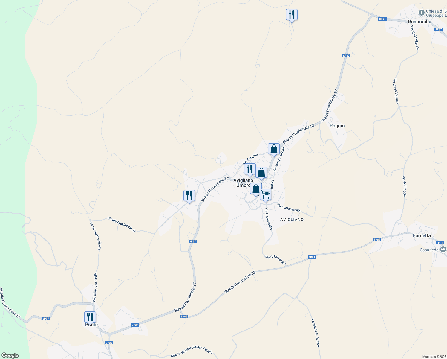 map of restaurants, bars, coffee shops, grocery stores, and more near 93 Strada Provinciale 37 in Avigliano Umbro