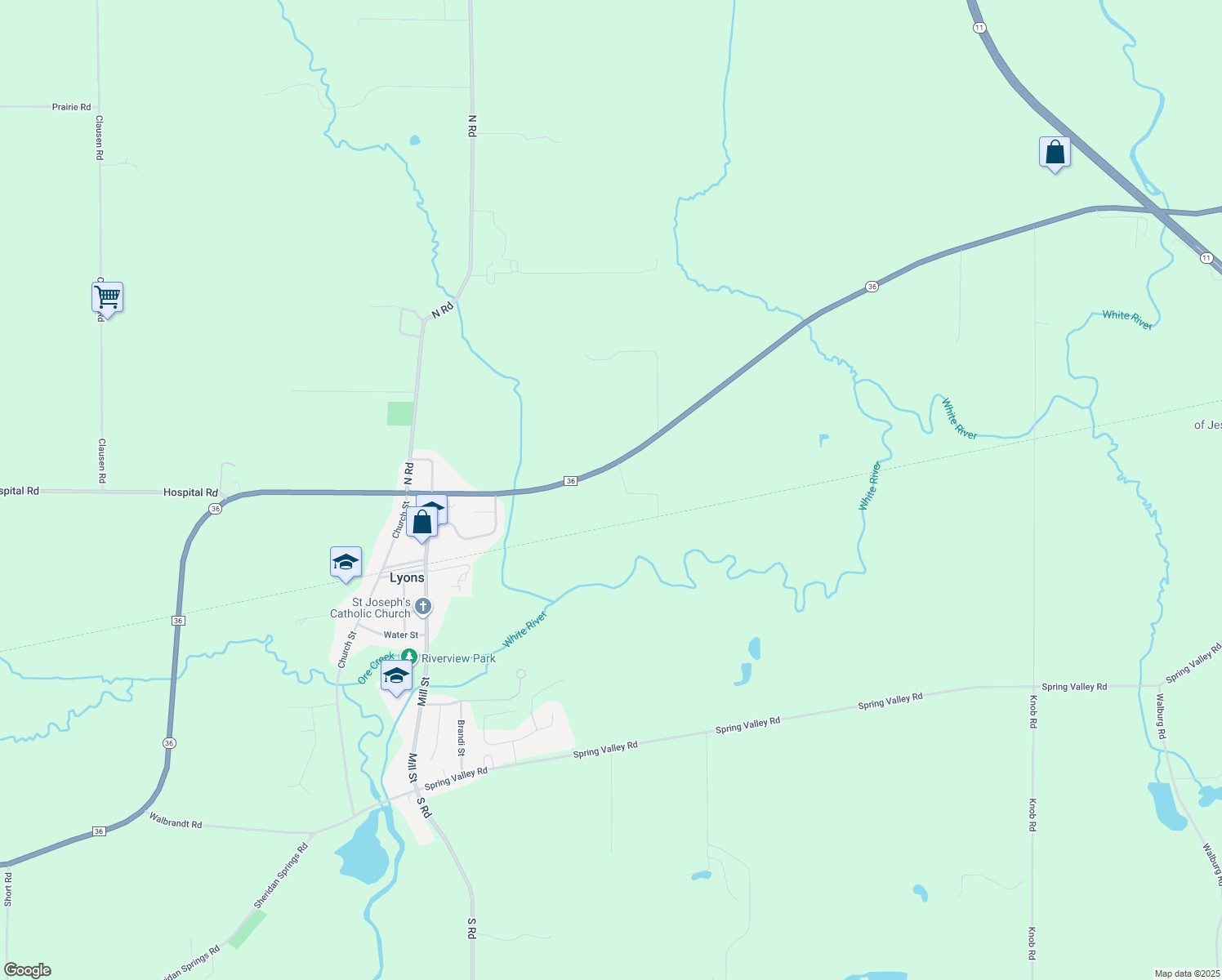 map of restaurants, bars, coffee shops, grocery stores, and more near 5847 State Road 36 in Burlington