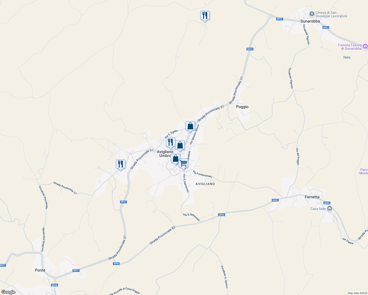 map of restaurants, bars, coffee shops, grocery stores, and more near 117 Via Roma in Avigliano Umbro