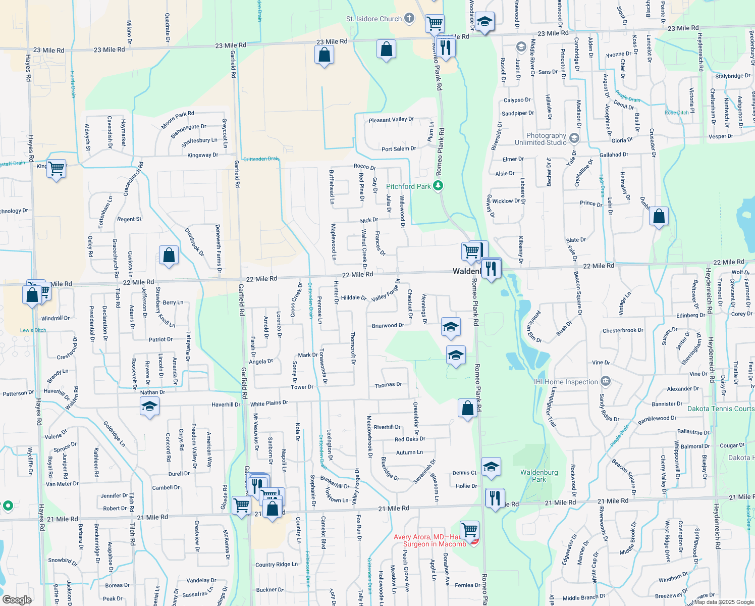 map of restaurants, bars, coffee shops, grocery stores, and more near 48748 Valley Forge Dr in Macomb