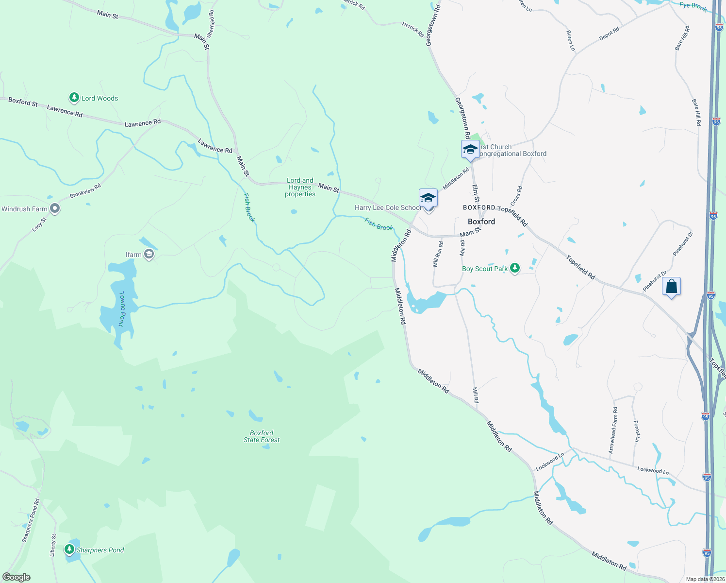map of restaurants, bars, coffee shops, grocery stores, and more near 227 Townsend Farm Road in Boxford