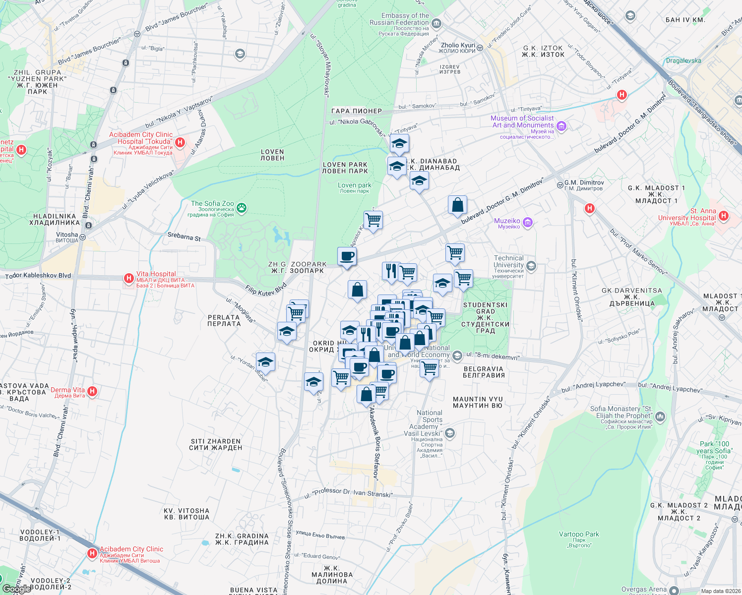 map of restaurants, bars, coffee shops, grocery stores, and more near 11 улица "проф. Христо Вакарелски" in Sofia