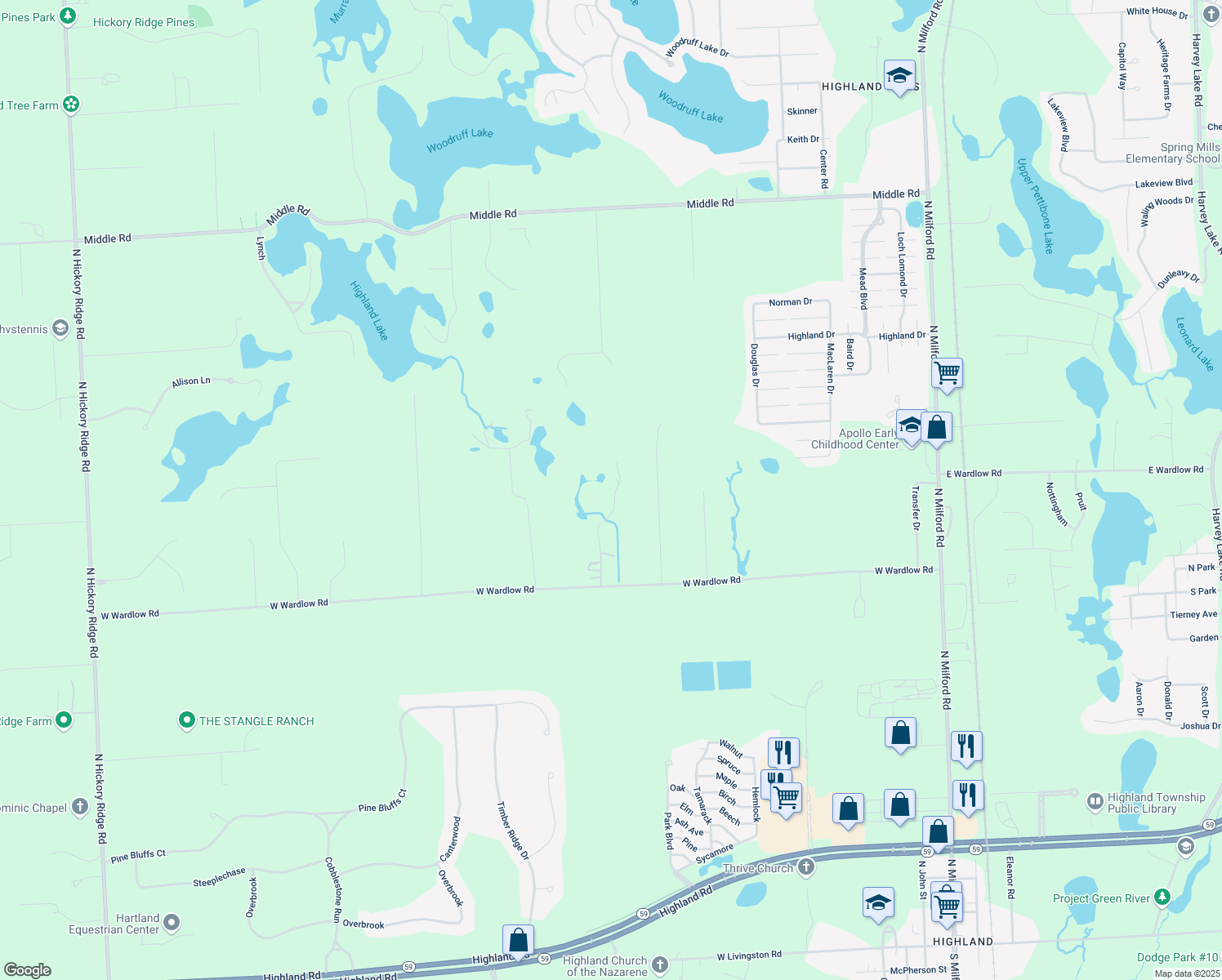 map of restaurants, bars, coffee shops, grocery stores, and more near 1460 W Wardlow Rd in Highland
