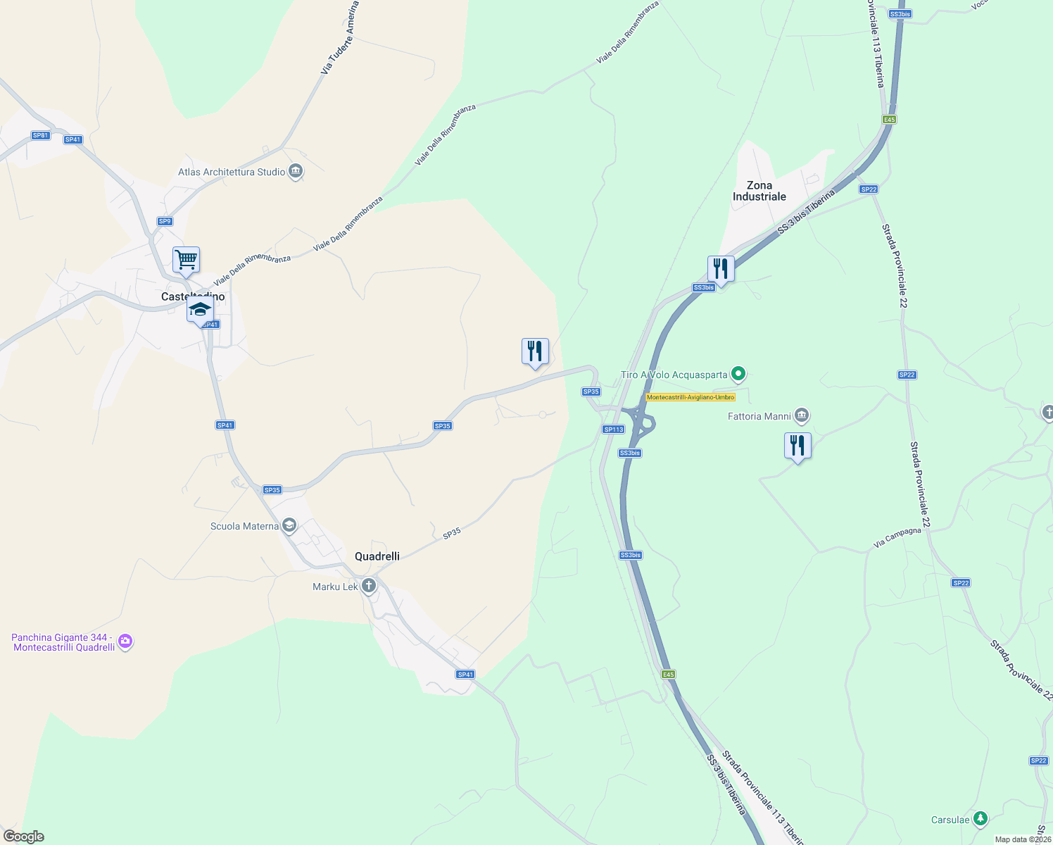 map of restaurants, bars, coffee shops, grocery stores, and more near 5 Viale della Stazione in Provincia di Terni