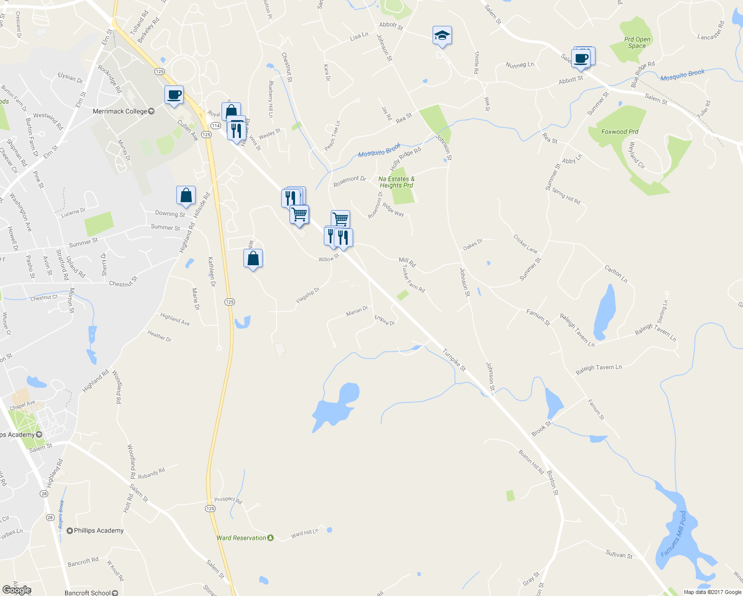 map of restaurants, bars, coffee shops, grocery stores, and more near 834 Chestnut Street in North Andover