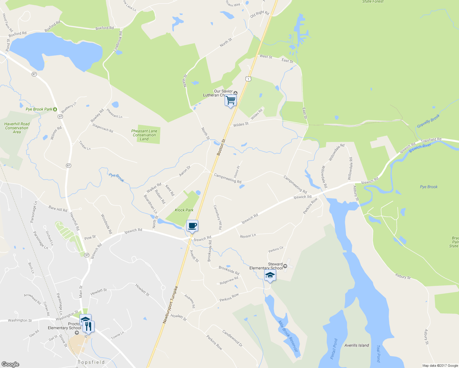 map of restaurants, bars, coffee shops, grocery stores, and more near 15 Campmeeting Road in Topsfield