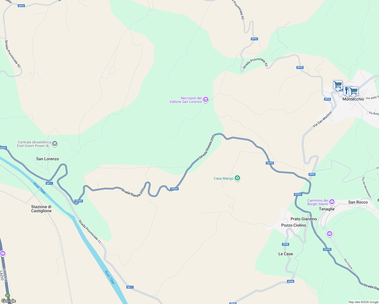 map of restaurants, bars, coffee shops, grocery stores, and more near 22 Strada Statle 205 in Provincia di Terni