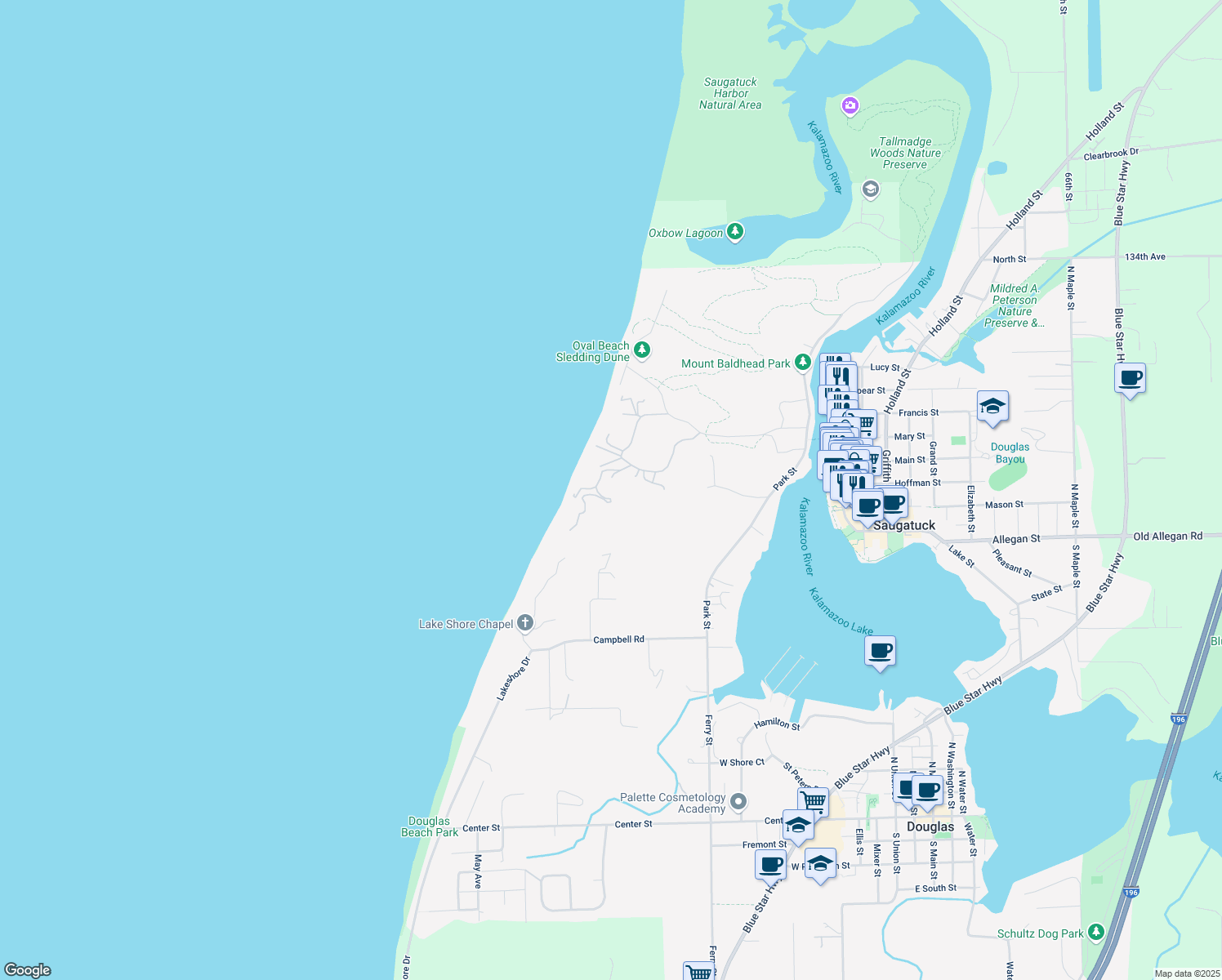 map of restaurants, bars, coffee shops, grocery stores, and more near 631 Perryman Street in Saugatuck