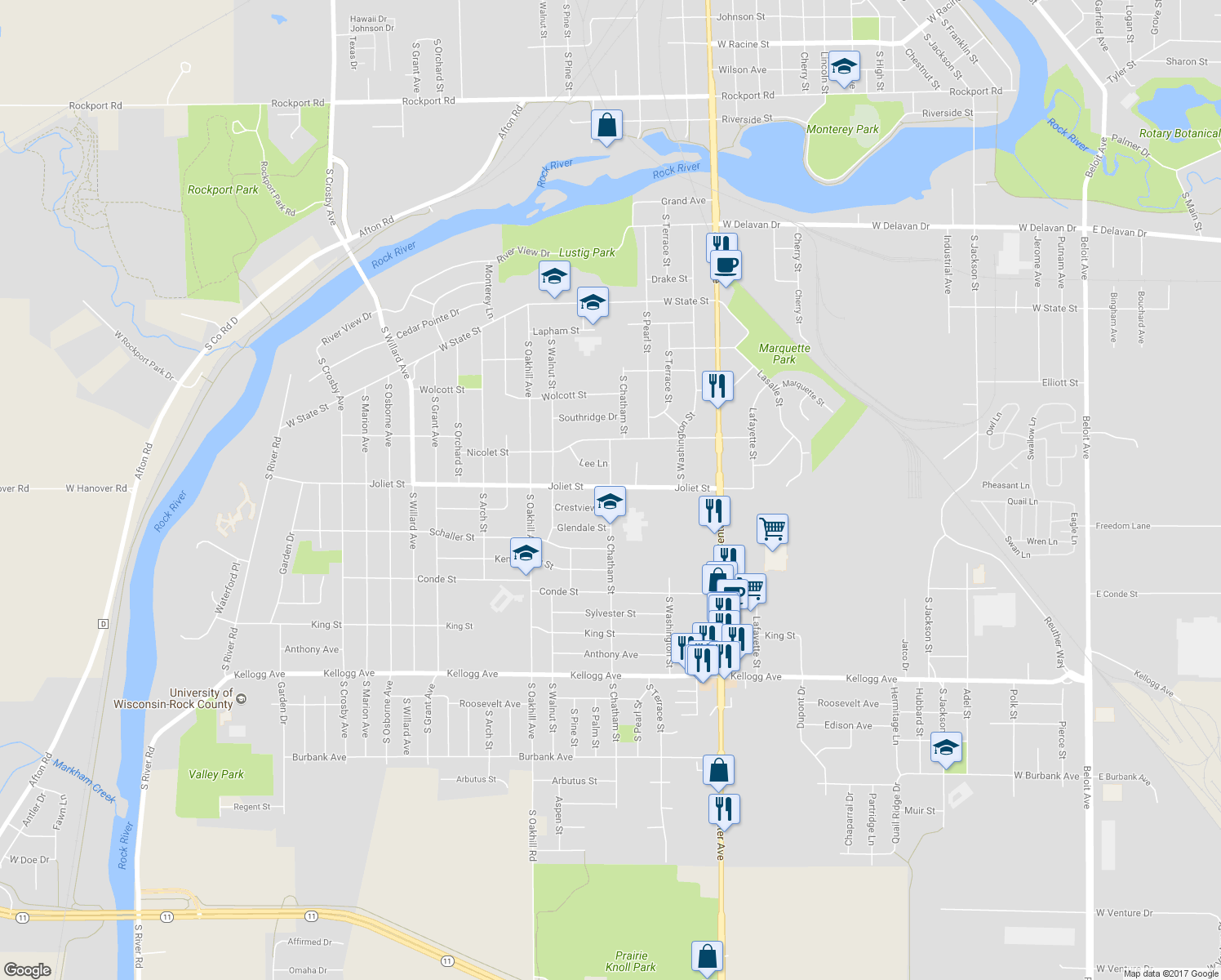 map of restaurants, bars, coffee shops, grocery stores, and more near 1604 South Chatham Street in Janesville