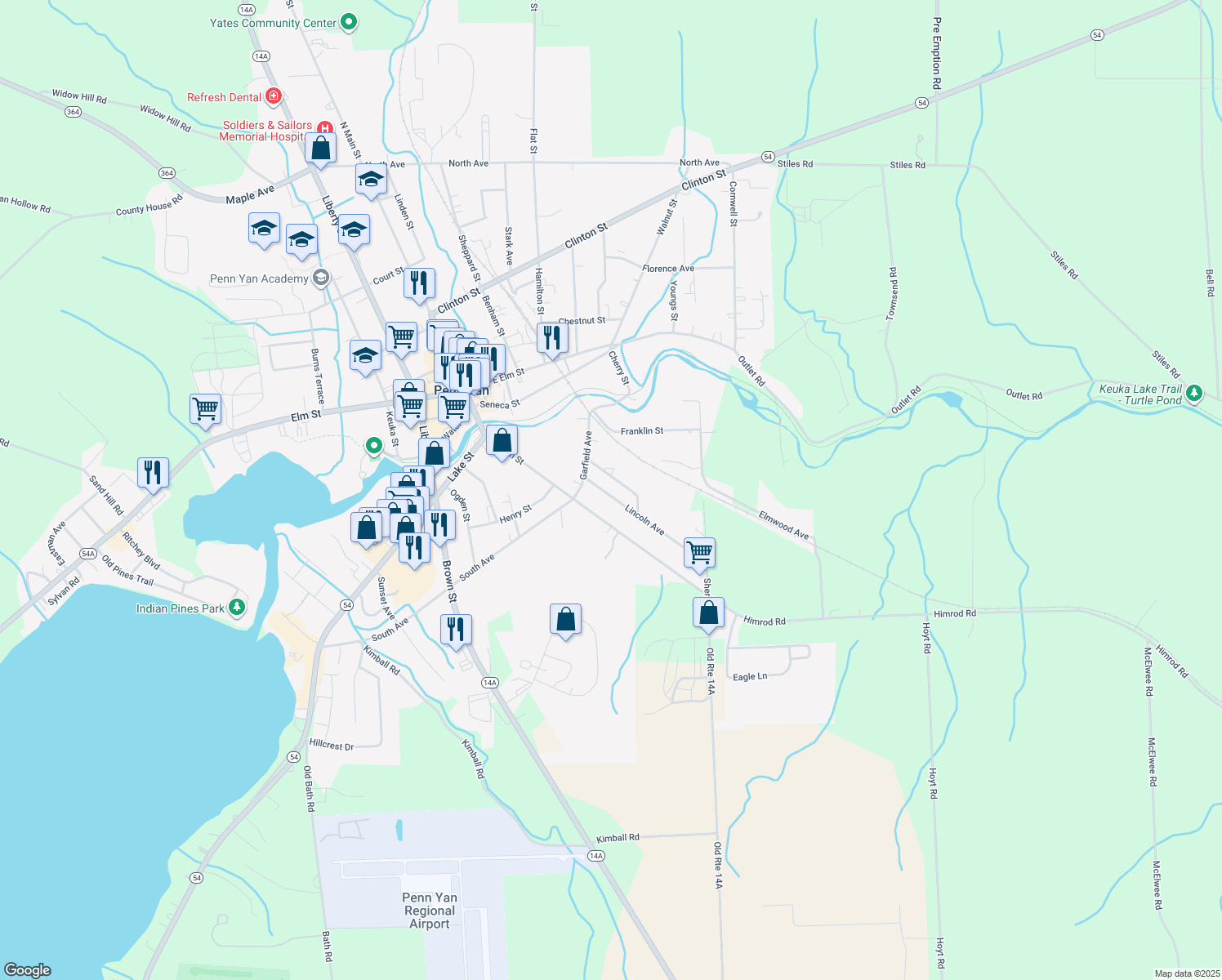 map of restaurants, bars, coffee shops, grocery stores, and more near 112 Lincoln Ave in Penn Yan