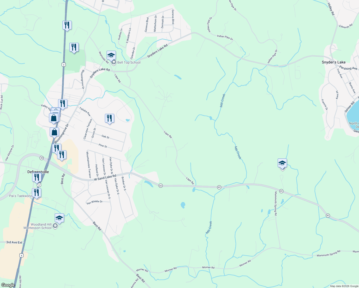 map of restaurants, bars, coffee shops, grocery stores, and more near 86 Lape Road in Wynantskill