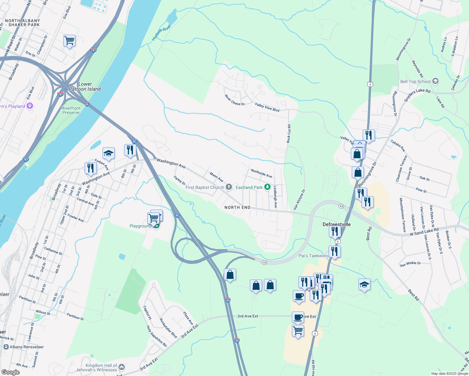 map of restaurants, bars, coffee shops, grocery stores, and more near 1103 Mann Ave in Rensselaer