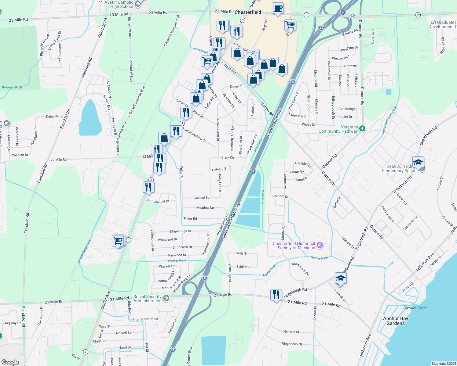map of restaurants, bars, coffee shops, grocery stores, and more near 48581 Wheatfield Street in New Baltimore