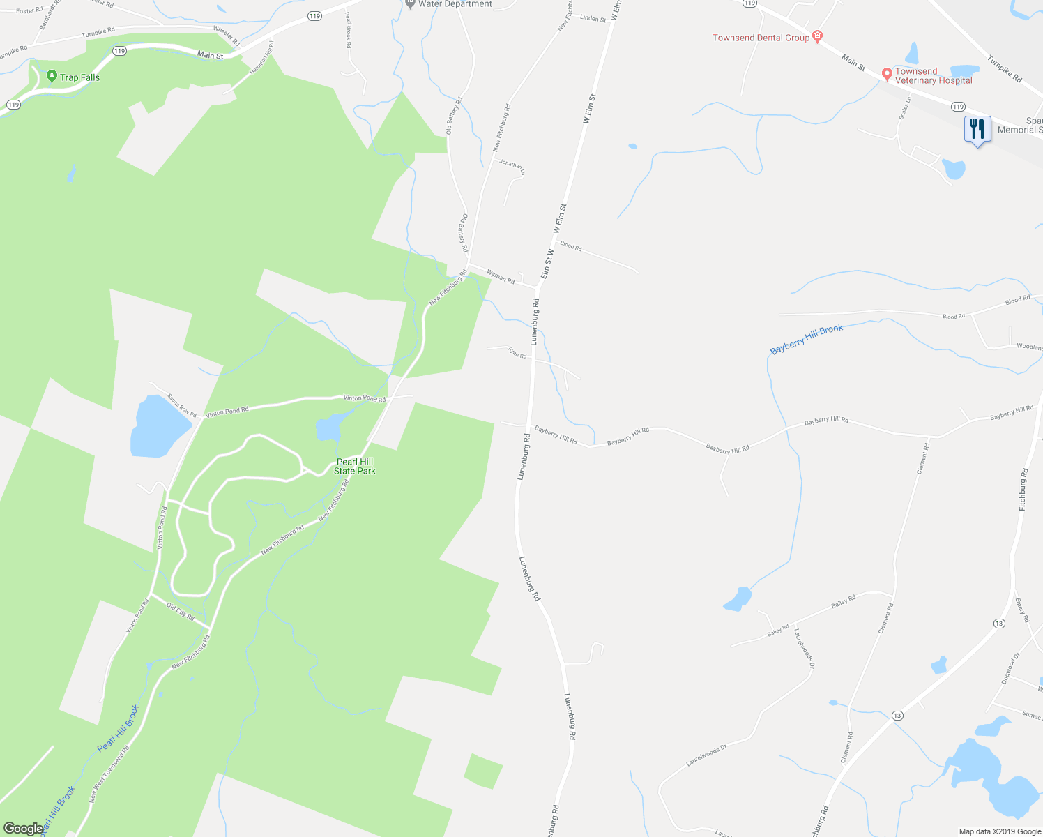 map of restaurants, bars, coffee shops, grocery stores, and more near 109 Lunenburg Road in Townsend