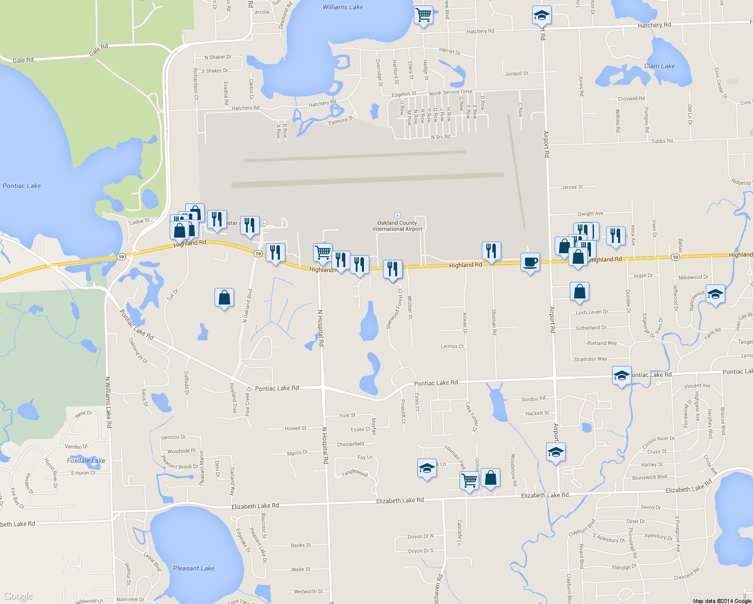 map of restaurants, bars, coffee shops, grocery stores, and more near 6741 Highland Road in Waterford Township