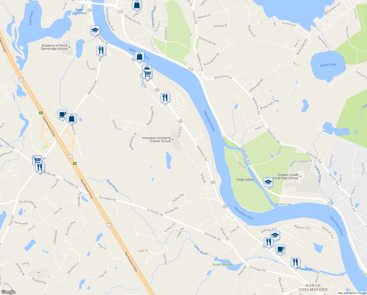map of restaurants, bars, coffee shops, grocery stores, and more near 61 Tyng Road in Tyngsborough
