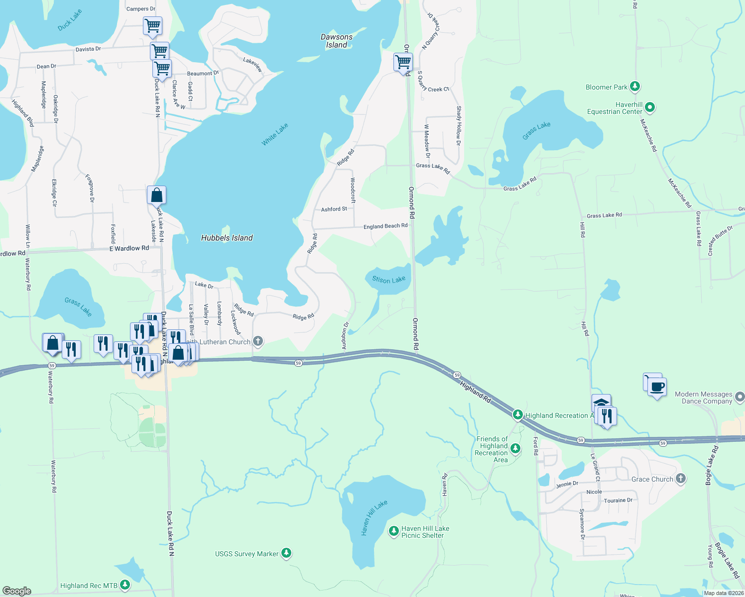 map of restaurants, bars, coffee shops, grocery stores, and more near 156 East Meadow Circle in White Lake charter Township