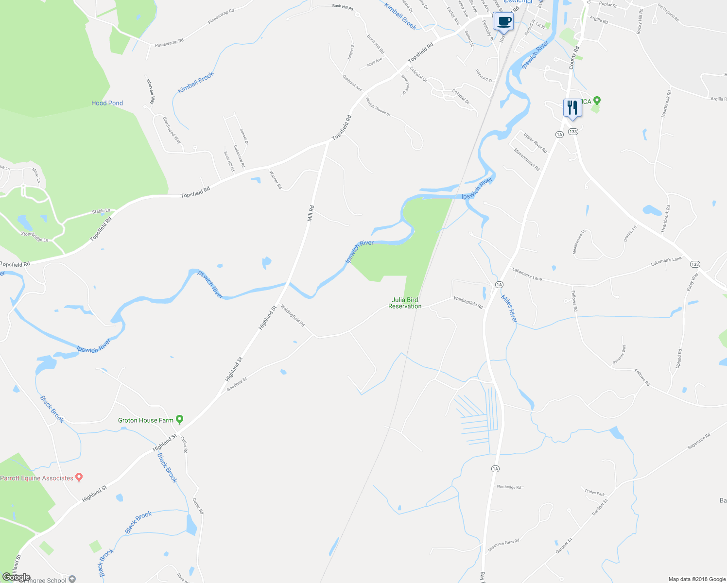 map of restaurants, bars, coffee shops, grocery stores, and more near 55 Waldingfield Road in Ipswich