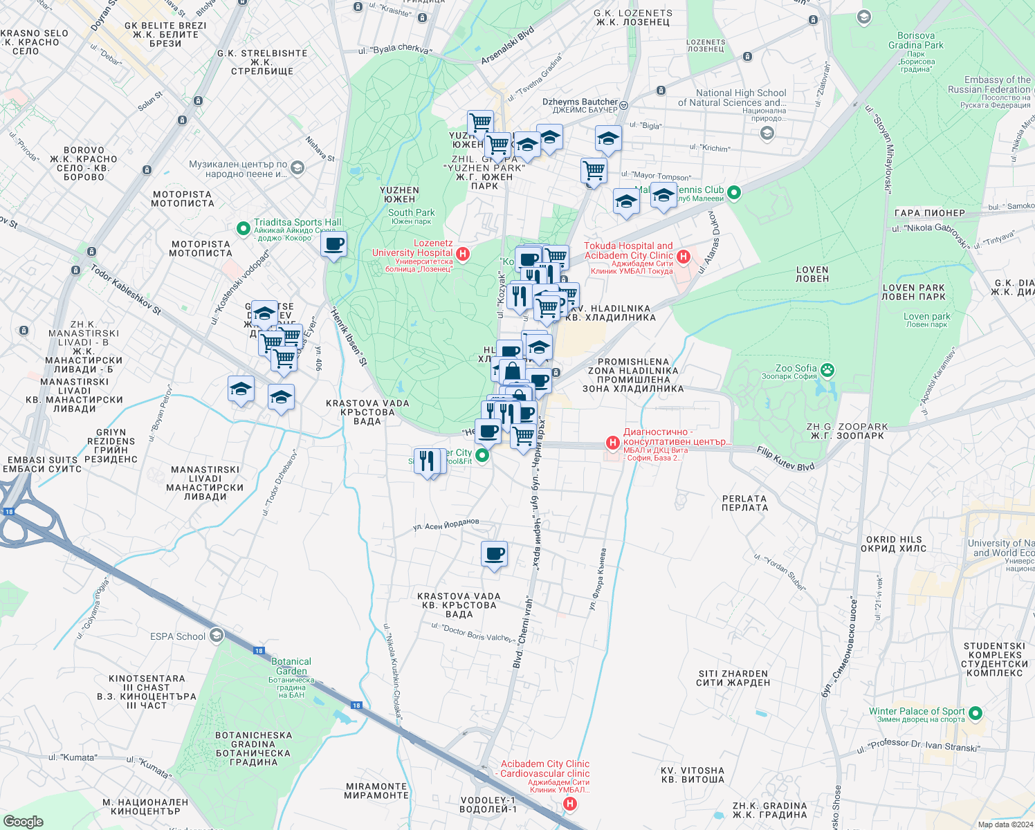 map of restaurants, bars, coffee shops, grocery stores, and more near 6 ulitsa „Henrik Ibsen“ in Sofia